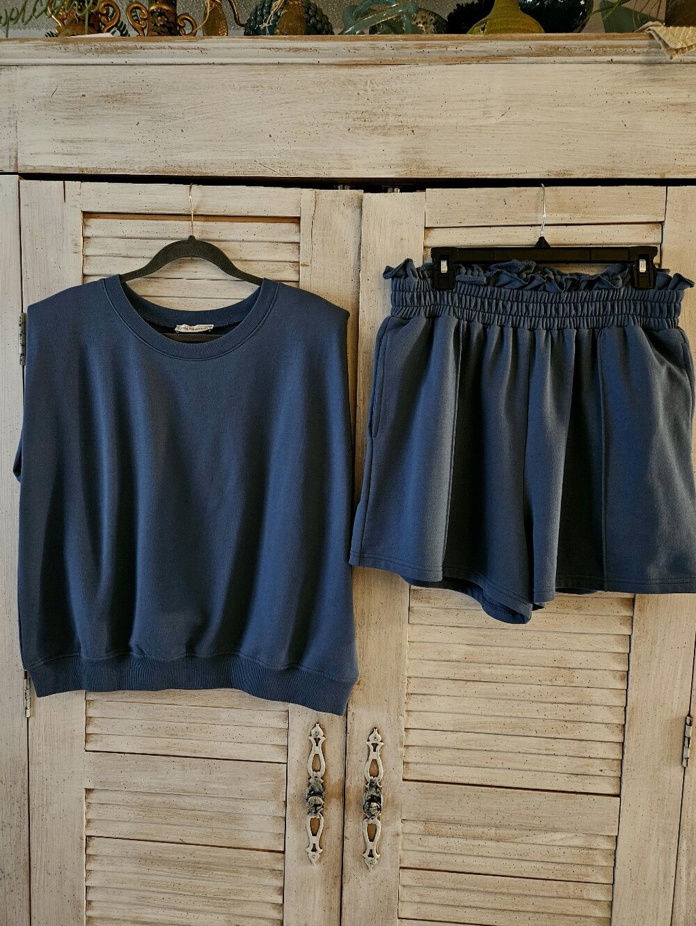 NWOT ZENANA Boutique 2pc Matching Shorts Set Slate Blue Large
